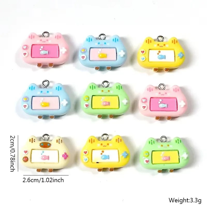 Resin Crafts Diy - 10個入り、大量パック。漫画風ゲーム機モチーフのレジンチャーム。猫が魚を食べるゲームのペンダント。手作りイヤリングやアクセサリーのDIY素材として。