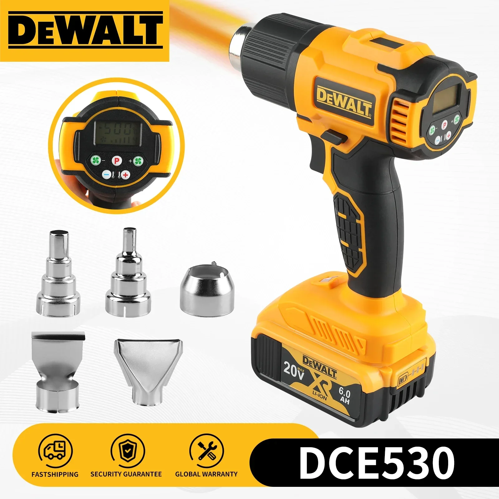 Heat Gun Small - DeWALT DCE530 20V コードレスヒートガン、デジタル温度表示、5種類のノズル付きで、熱収縮や塗料剥離作業に最適な携帯型ホットエアガン。